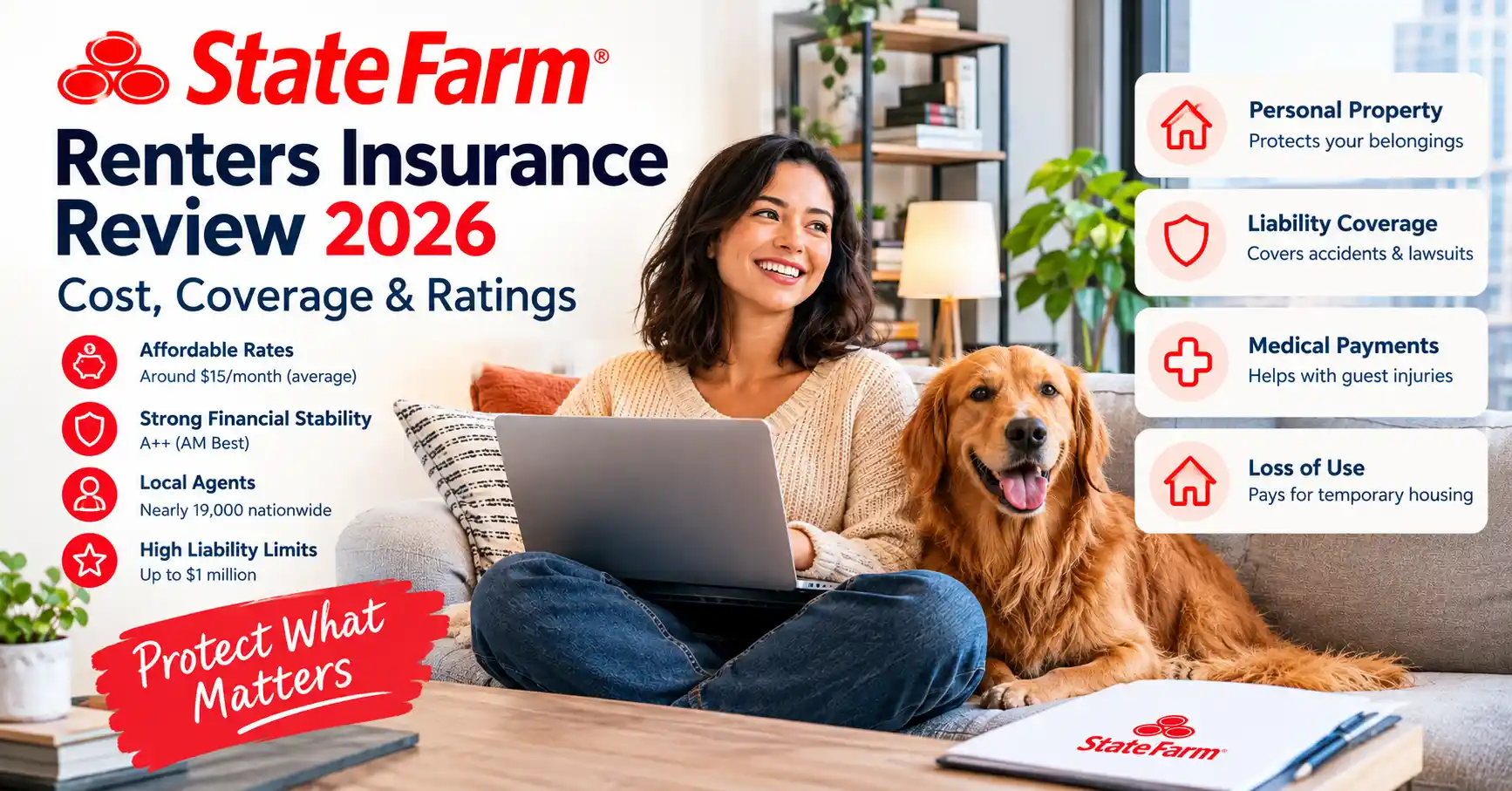 State Farm renters insurance guide showing coverage for personal belongings, liability, and rental property protection.