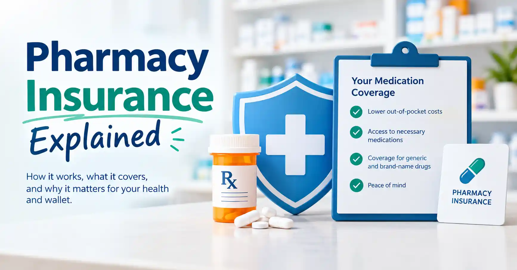 Pharmacy insurance explained with a prescription bottle, medical shield, medication coverage checklist, and pills.