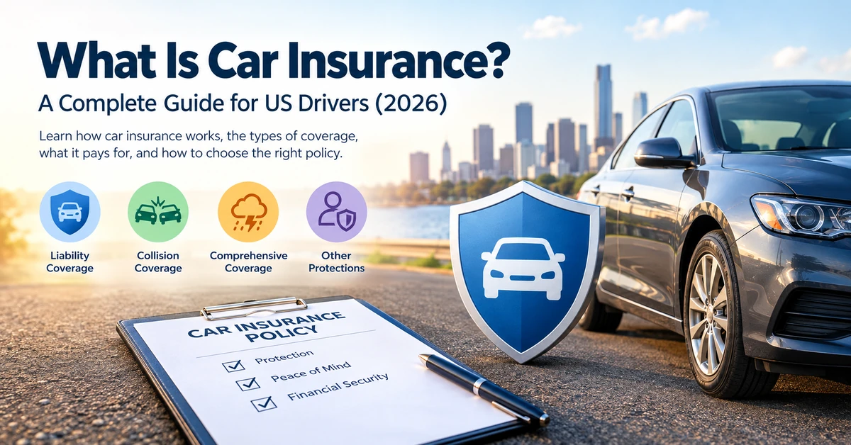 Car insurance guide showing a vehicle, protection shield, insurance policy, and liability, collision, and comprehensive coverage icons.