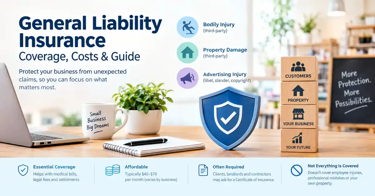 General liability insurance guide showing business protection for bodily injury, property damage, and advertising injury.