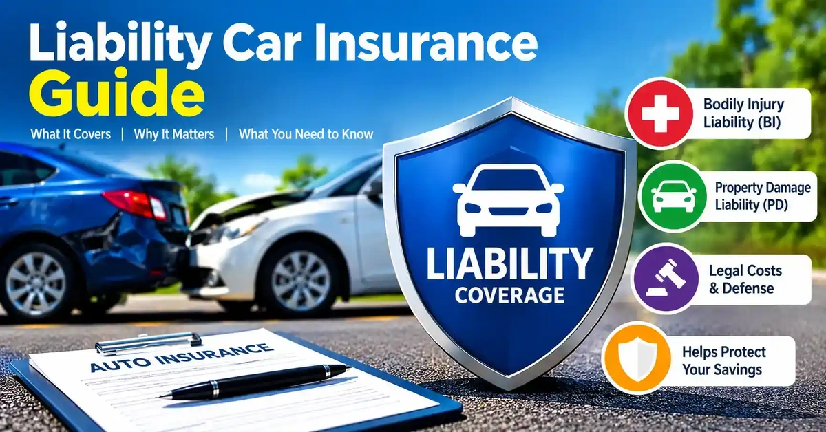Liability car insurance guide explaining bodily injury, property damage, legal costs, and financial protection.